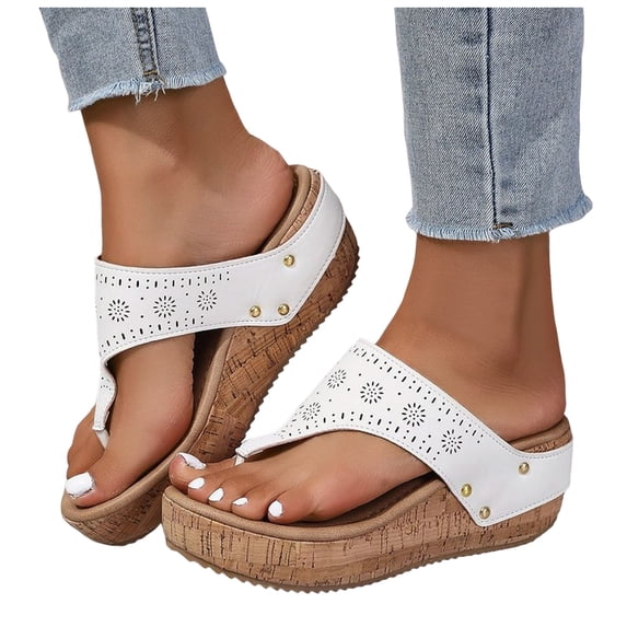 Womens Platform Flip Flops with Arch Support Comfy Footbed Wedge Sandals Boho Hollow out Nonslip Slip on Cork Wedges Heels White Size 7