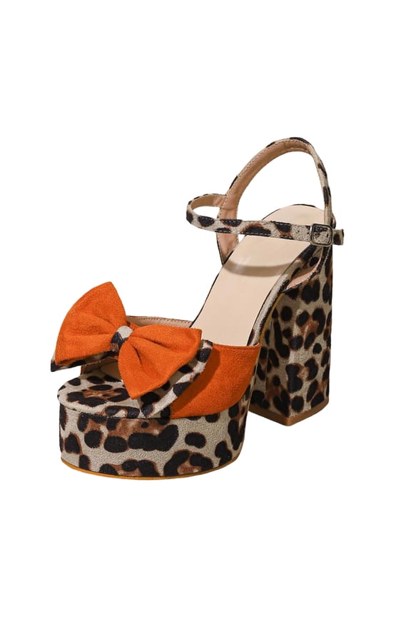 Womens Platform Heels Leopard Print Peep Toe Bowknot Ankle Strap High Block Heeled Sandals Summer Dressy Pumps Shoes Brown Size 9