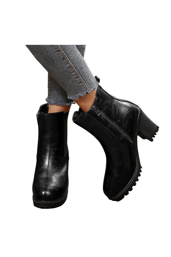 Womens Platform High Heels Chelsea Boots Fashion Leather Chunky Block Heeled Slip on Mid Calf Ankle Booties Black Size 8.5