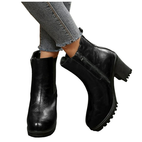 Womens Platform High Heels Chelsea Boots Fashion Leather Chunky Block Heeled Slip on Mid Calf Ankle Booties Black Size 6.5