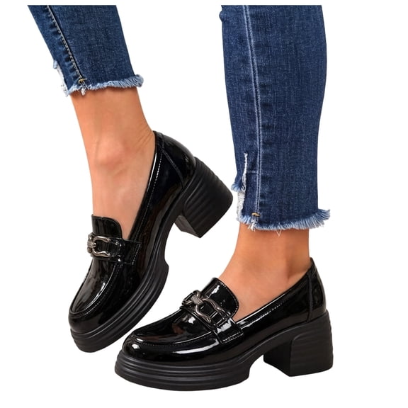 Womens Platform High Heels Metal Chian Penny Loafers Round Toe Patent Leather Slip on Pupms Shoes for Work Dressy Occasions Black Size 8