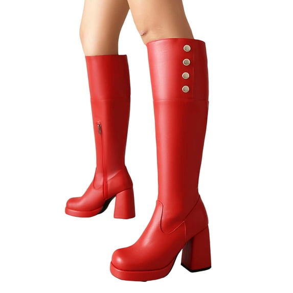 Womens Platform Knee High Combat Boots with Side Zipper Fashion Studded Chunky Heel Motorcycle Riding Boots