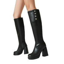 Womens Platform Knee High Combat Boots with Side Zipper Fashion Studded Chunky Heel Motorcycle Riding Boots