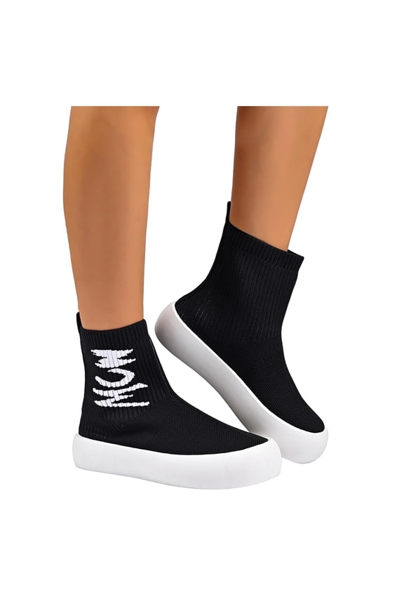 Womens Platform Knitted Sock Ankle Boots Elastic Slip On Flat Mid Calf Booties Breathable Non Slip Casual Shoes