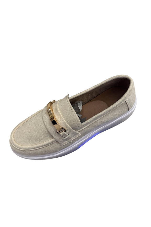 Womens Platform Loafers Comfortable Slip On Faux Suede Gold Buckle Cushioned Casual Shoes Wide Width Available Business Casual Beige 5.5-9.5,Size 5.5