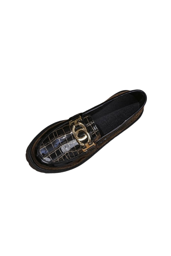 Womens Platform Loafers Slip On Chunky Shoes with Buckle, Croc-Embossed Patent PU Black Casual Comfort Shoes,Size 6