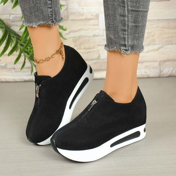 Womens Platform Loafers Sneakers High Heels Casual Shoes (Black 42)