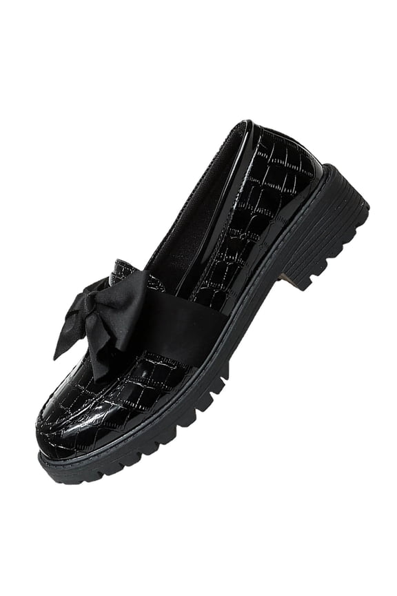 Womens Platform Loafers with Satin Bow, Crocodile Embossed Patent PU Slip On Shoes with Chunky Sole, Black Casual Shoes,Size 5.5
