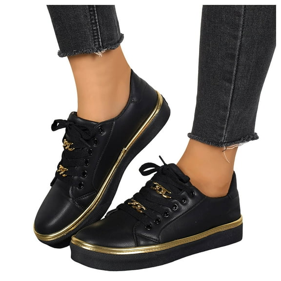 Womens Platform Low Top Fashion Sneakers Casual Metallic Gold Lace up Flats Leather Walking Tennis Shoes