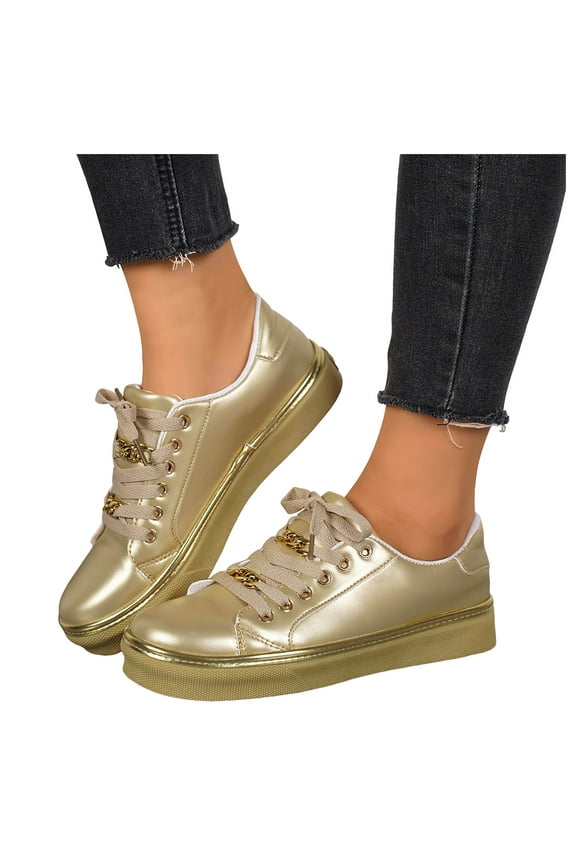 Womens Platform Low Top Fashion Sneakers Casual Metallic Gold Lace up Flats Leather Walking Tennis Shoes