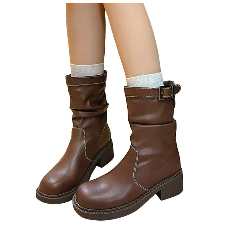 Womens Platform Mid Calf Combat Boots Wide Feet Fashion Leather