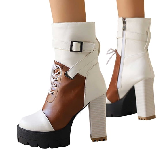 Womens Platform Mid Calf Leather Combat Boots Block High Heel Round Toe Waterproof Ankle Booties Lace Up Classic Motocycle Boots White Size 6