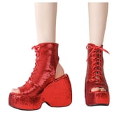 Womens Platform Open Toe Combat Boots Sandals Glitter Punk Chunky High Heels Backless Lace up Ankle Booties