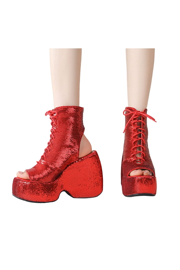 Womens Platform Open Toe Combat Boots Sandals Glitter Punk Chunky High Heels Backless Lace up Ankle Booties