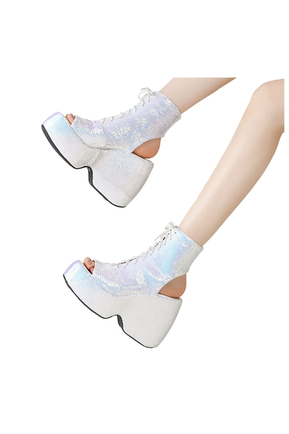 Womens Platform Open Toe Combat Boots Sandals Glitter Punk Chunky High Heels Backless Lace up Ankle Booties