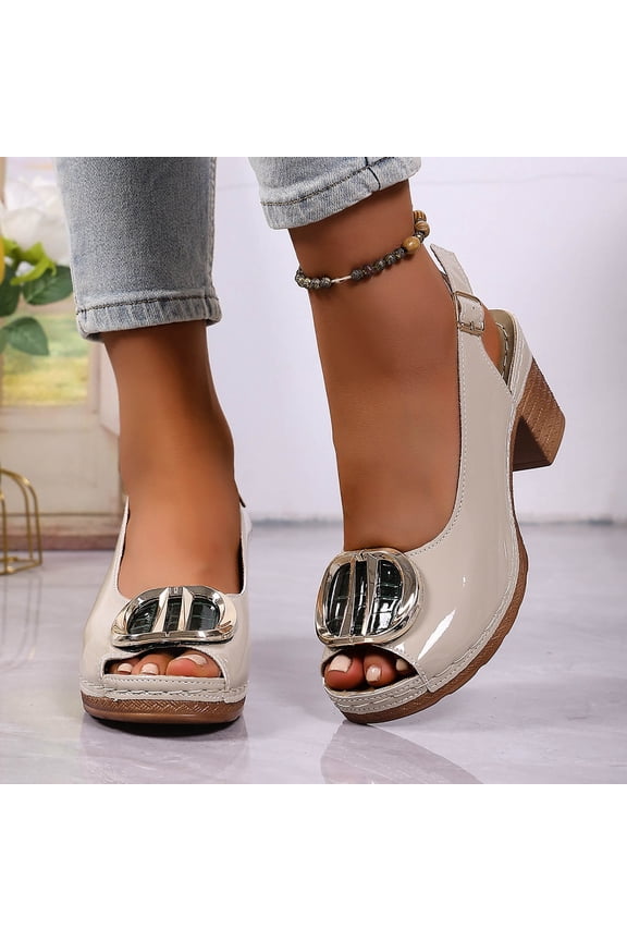 Womens Platform Sandals Chunky Heel Ankle Strap Open Toe Beige Fashion Comfort Casual Summer Shoes,Size 43