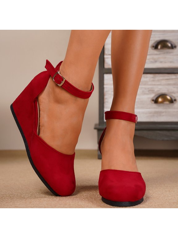 Womens Platform Sandals Closed Toe Suede Wedges Heels Ankle Strap Solid Color Casual Dressy Pumps Mary Jane Shoes Red Size 8.5