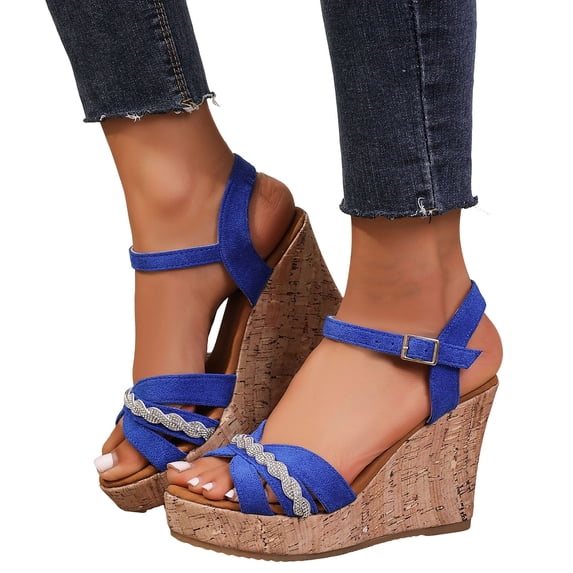 Womens Platform Sandals Cork Wedge Heels Open Toe Glitter Strap High Heeled Party Prom Dress Shoes Blue Size 7.5