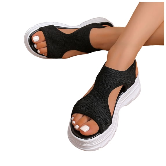 Womens Platform Sandals Cutout Knitted Mesh Slip on Walking Shoes Summer Comfy Breathable Beach Dress Shoes Black Size 6.5