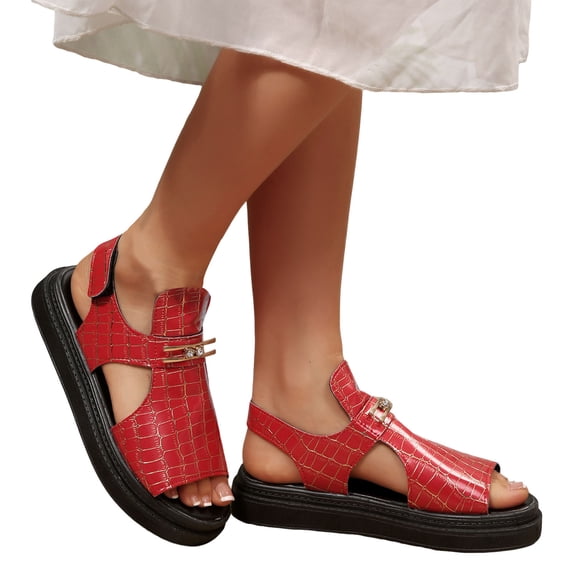 Womens Platform Sandals Fashion Pattern Leather Open Toe Cutout Summer Dress Shoes Comfortable Footbed Walking Shoes Red Size 6