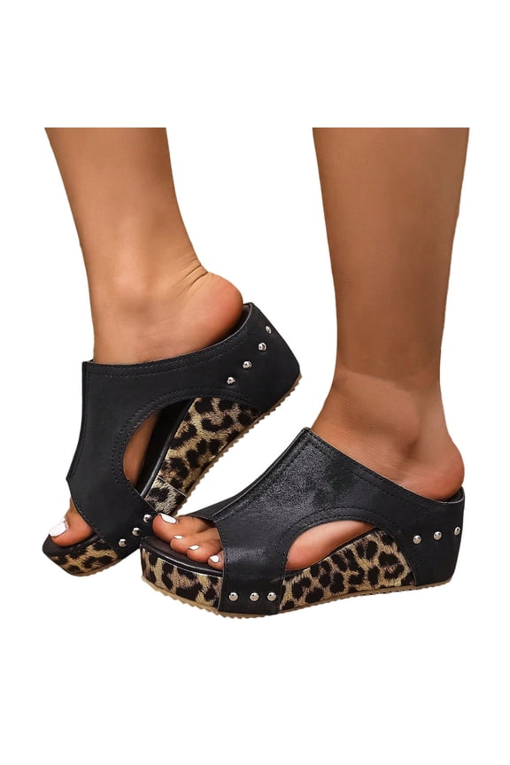 Womens Platform Sandals Leopard Print Wedges Heels Retro Splice Leather Peep Toe Slip on Chunky Mules Slides Black Size 9