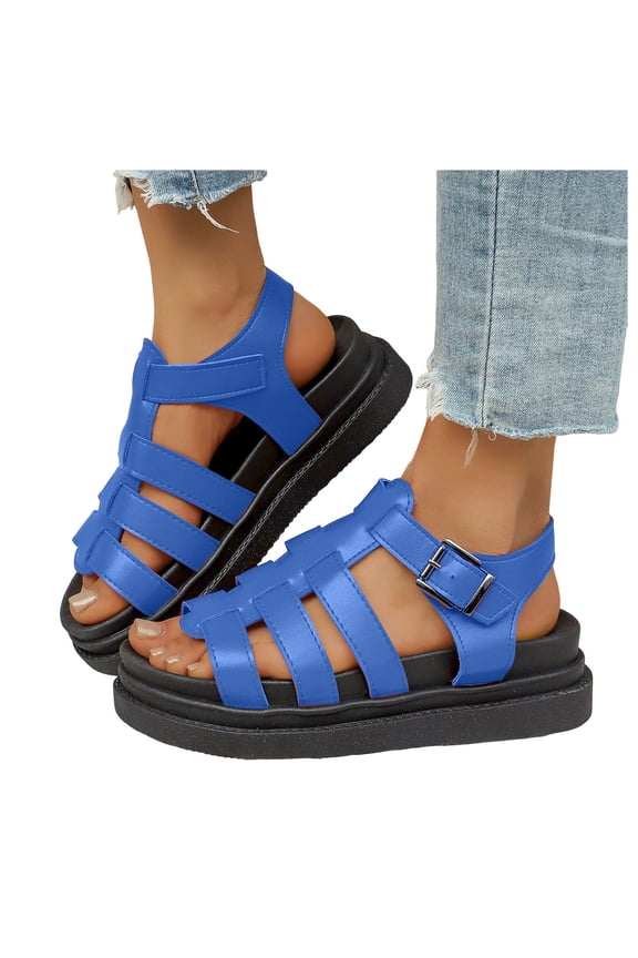 Womens Platform Sandals Open Toe Caged Strappy Gladiator Beach Shoes Arch Support Thick Footbed Walking Shoes Blue Size 7.5