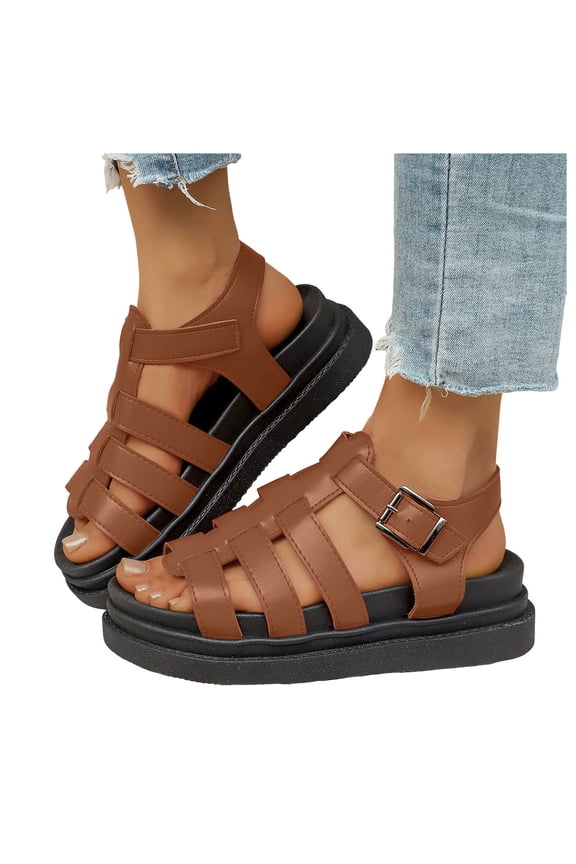 Womens Platform Sandals Open Toe Caged Strappy Gladiator Beach Shoes Arch Support Thick Footbed Walking Shoes Brown Size 9