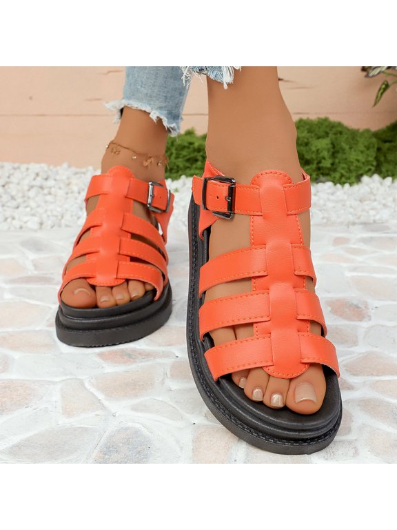 Womens Platform Sandals Open Toe Caged Strappy Gladiator Beach Shoes Arch Support Thick Footbed Walking Shoes Orange Size 7
