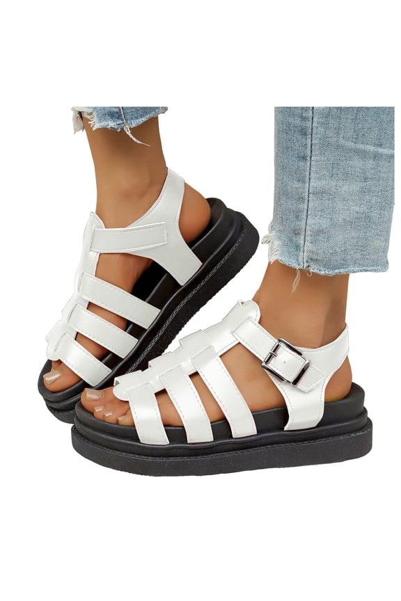 Womens Platform Sandals Open Toe Caged Strappy Gladiator Beach Shoes Arch Support Thick Footbed Walking Shoes White Size 6