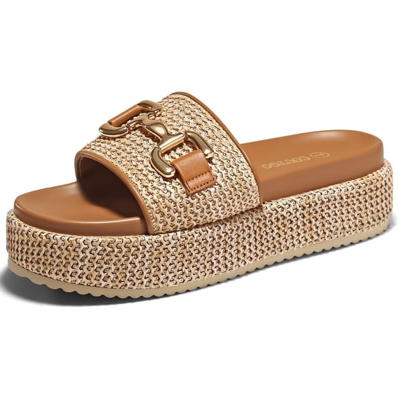 Womens Platform Sandals Raffia Espadrilles Metal Chain Slip on Open Toe Cute Beach Slide Sandals