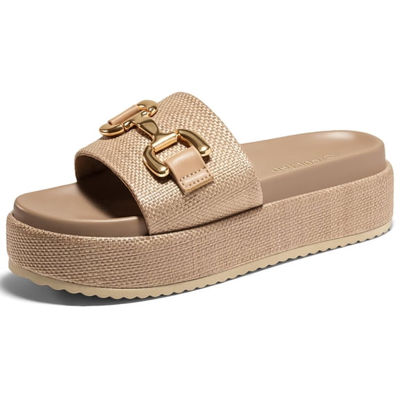 Womens Platform Sandals Raffia Espadrilles Metal Chain Slip on Open Toe Cute Beach Slide Sandals