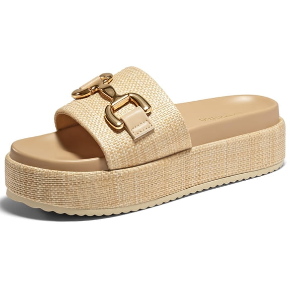 Womens Platform Sandals Raffia Espadrilles Metal Chain Slip on Open Toe Cute Beach Slide Sandals