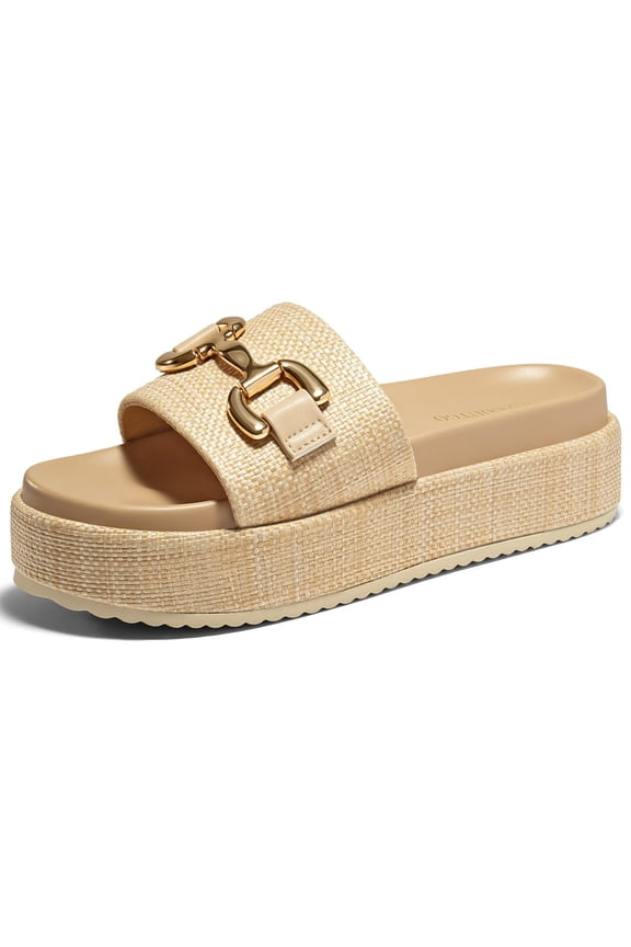 Womens Platform Sandals Raffia Espadrilles Metal Chain Slip on Open Toe Cute Beach Slide Sandals