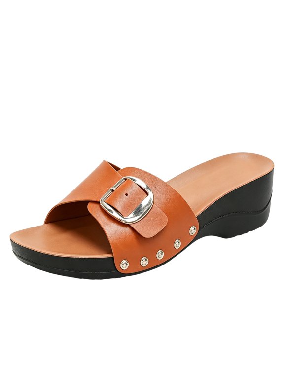 Womens Platform Slide Sandals Open Toe Slip On Mule Sandals with Buckle Detail Studded Sole Casual Beach Summer Slippers