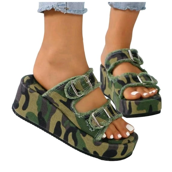 Womens Platform Slides Sandals 2025 Fashion Casual Camo Denim Buckles Chunky Footbed Dress Slip on Shoes