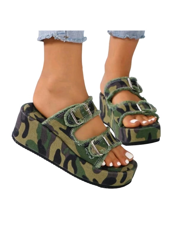 Womens Platform Slides Sandals 2025 Fashion Casual Camo Denim Buckles Chunky Footbed Dress Slip on Shoes
