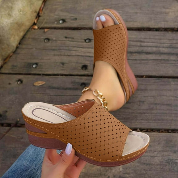 Womens Platform Slides Wedge Cushion Recovery Sandals with Arch Support Summer Beach Walking Slippers Non-Slip Quick Drying Brown Women Sandal