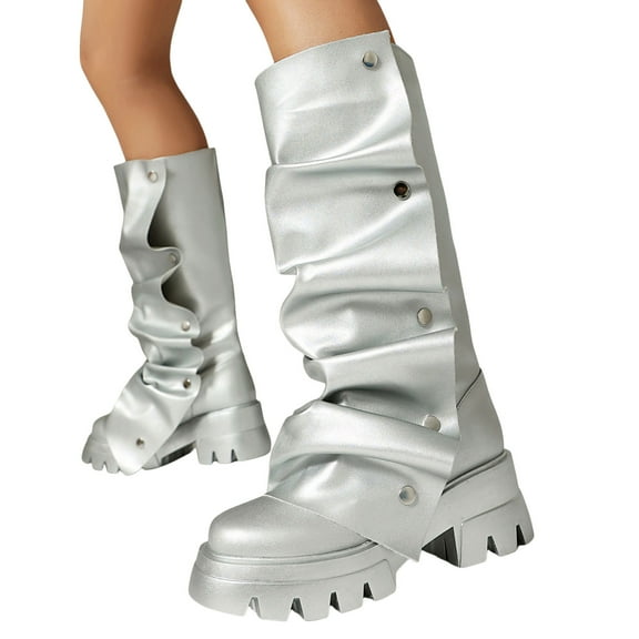 Womens Platform Slouch Fold over Boots Fashion Camo Studded Leather Chunky Heeled Mid Calf Combat Tall Boots