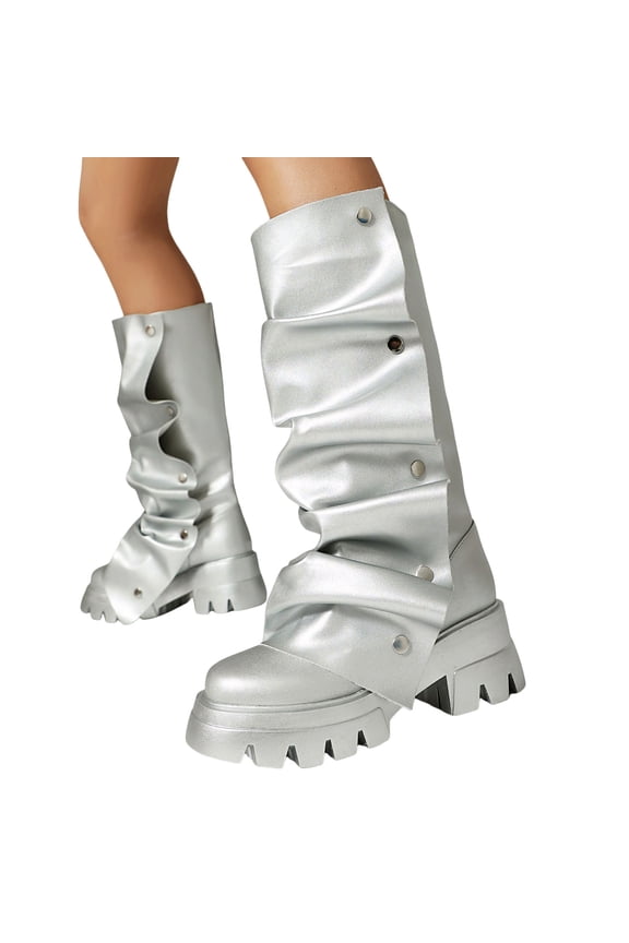 Womens Platform Slouch Fold over Boots Fashion Camo Studded Leather Chunky Heeled Mid Calf Combat Tall Boots