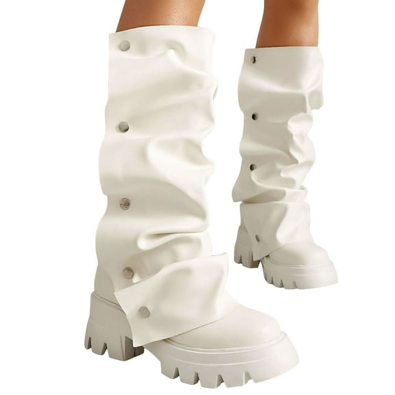 Womens Platform Slouch Fold over Boots Fashion Camo Studded Leather Chunky Heeled Mid Calf Combat Tall Boots