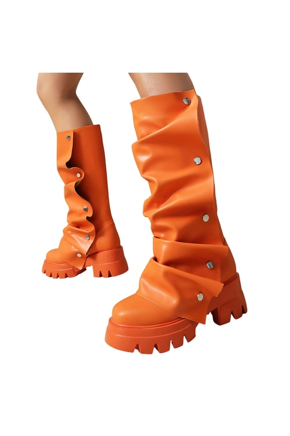 Womens Platform Slouch Fold over Boots Fashion Camo Studded Leather Chunky Heeled Mid Calf Combat Tall Boots