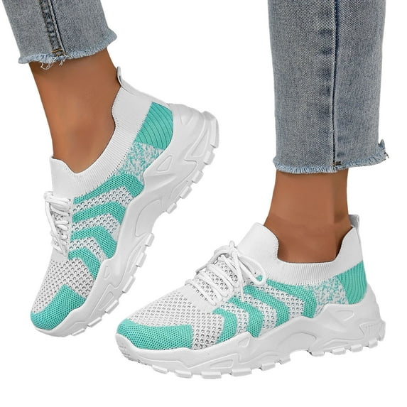Womens Platform Sneakers Color Block Knit Mesh Lace up Tennis Shoes Comfortable Arch Support Cushioning Running Shoes Green Size 6
