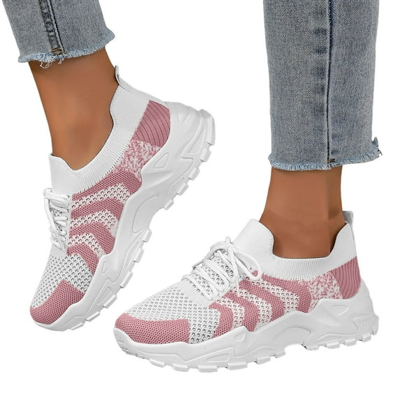 Womens Platform Sneakers Color Block Knit Mesh Lace up Tennis Shoes Comfortable Arch Support Cushioning Running Shoes Pink Size 8.5