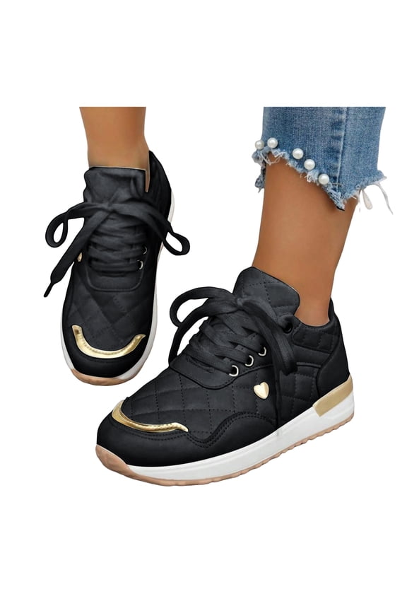 Womens Platform Sneakers Fashion Color Block Quilted Lace up Tennis Shoes Nonslip Thick Sole Casual Walking Shoes Black Size 6