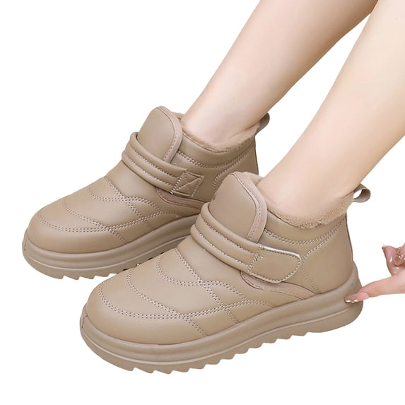 Womens Platform Snow Boots Hoop and Loop Slip on Comfy Furry Lined Soft Sole Waterproof Cute Winter Booties Khaki 5.5