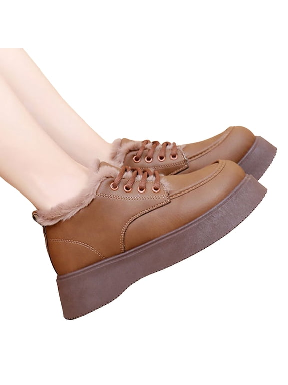 Womens Platform Snow Boots Low Top Waterproof Leather Lace up Furry Lined Round Toe Winter Booties Dress Shoes Orange 9.5