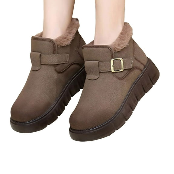 Womens Platform Snow Boots Thickened Warm Plush Lined Buckle Ankle Strap Nonslip Winter Ankle Booties Slip on Loafers Coffee 8