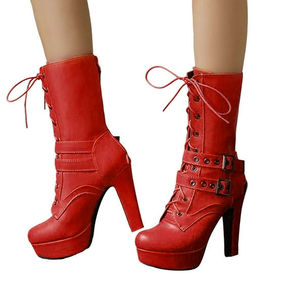 Womens Platform Stiletto Mid Calf Combat Boots Winter Fall Leather Buckles Lace up Gothic Tacticle Short Booties Red
