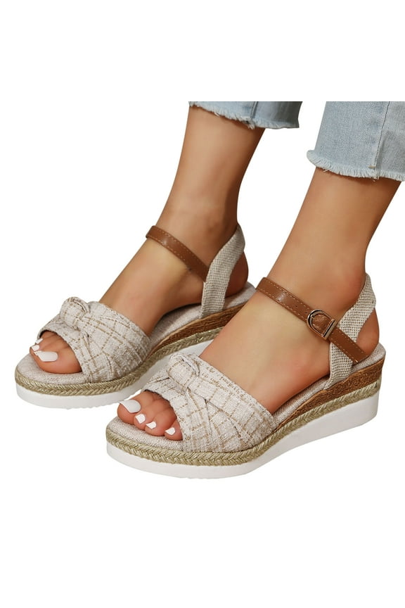 Dress Sandals Women Ladies Plaid Bowknot Espadrilles Platform Wedge High Heels Dressy Sandals
