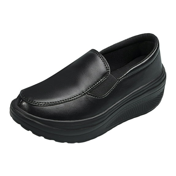 Womens Platform Wedge Loafers Slip On Leather Walking Shoes Lightweight Non Slip Low Top Dress Shoes with Elastic Band Black Size 9